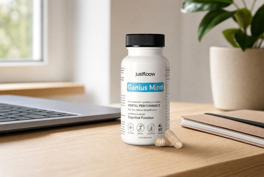 Genius Mind bottle on a desk with a laptop